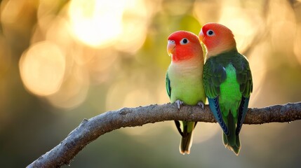 Obraz premium Romantic Lovebirds Perched Together on a Branch in Nature
