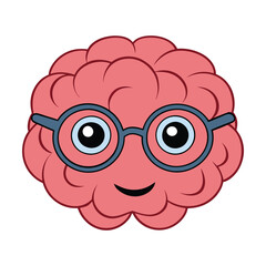 A nerdy cartoon brain with glasses, big round eyes, and a goofy smile. It holds a book, exuding intelligence and curiosity, with a fun, quirky, and geeky charm!