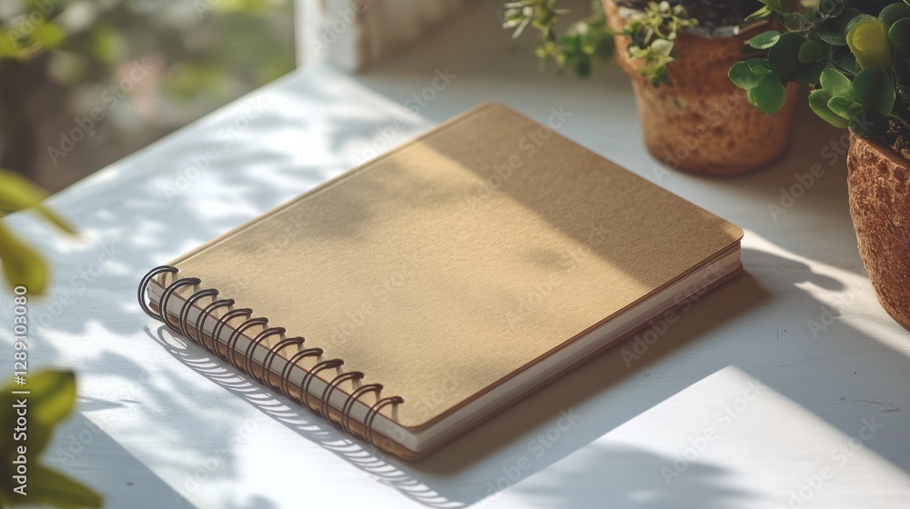 Poster a light brown spiral-bound notebook with sharp corners resting on a white background