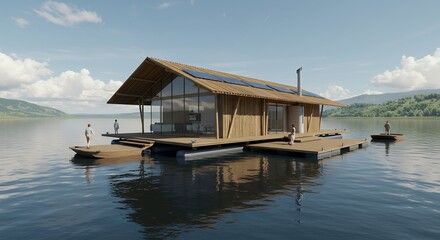Fototapeta premium Floating house on lake with solar panels and wooden design style