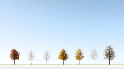 Seasonal Tree Cycle Illustration: Red, Orange, Yellow, Green, Brown, White Foliage Against a Blue Sky