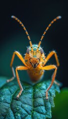 Fototapeta premium Vibrant orange insect perched on a leaf, macro photography.
