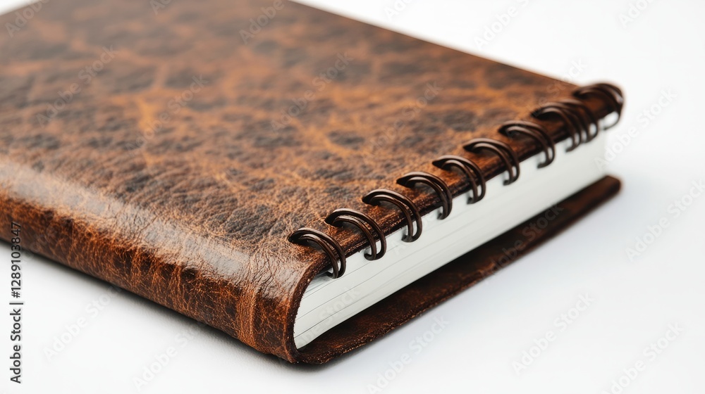 Poster a light brown spiral-bound notebook with sharp corners resting on a white background