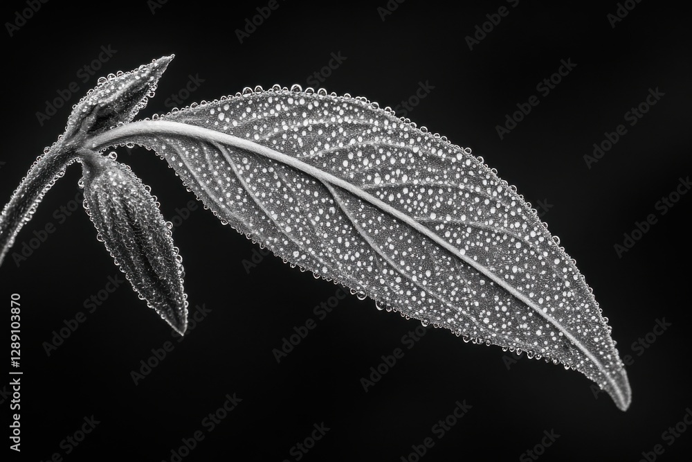 Poster close-up shot of a marijuana bud highlighting trichomes with high contrast, captured using a macro l