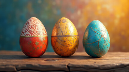 three painted chicken eggs on a wooden table and a colored background  