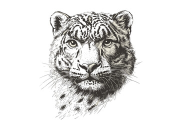 Wildlife illustration, hand-drawn snow leopard, vintage art, trendy animal art, black sketch effect, white background, wall decor, decorative art, nature lover gifts.