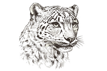 Black sketch effect of hand-drawn snow leopard, vintage wildlife art, trendy animal art, white background, wall decor, nature illustration, wildlife home decor.