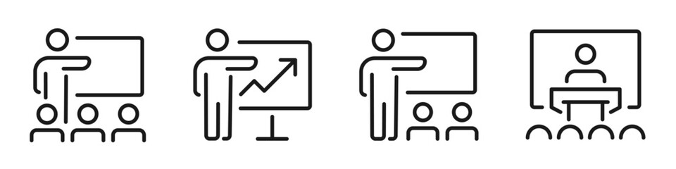 Training icon set. Workshop, business training, presentation, teacher, education, learning - stock vector.