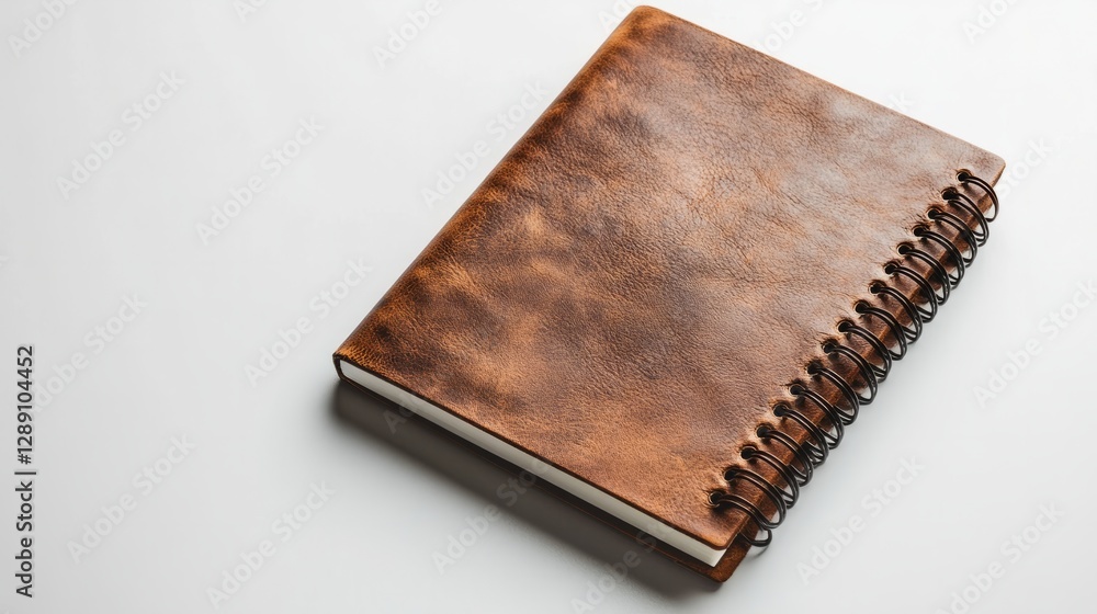 Poster a light brown spiral-bound notebook with sharp corners resting on a white background
