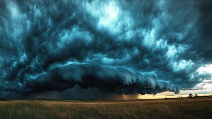 Dramatic storm clouds loom over a vast landscape during sunset, casting vibrant contrasts against the darkening sky.