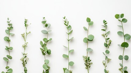 A collection of various green leaves and stems arranged neatly on a white background for a fresh, natural aesthetic.