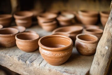 A collection of clay pots placed on a wooden table, perfect for decoration or still life photography