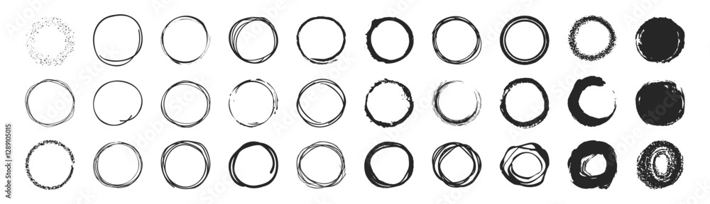 Poster circle line sketch icon set in hand drawn style isolated on transparent. ink hand drawn paint brush 