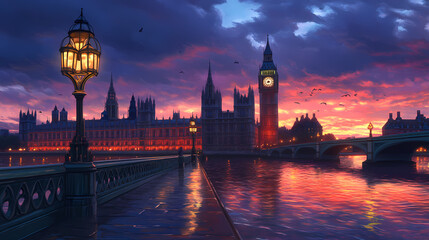 Fototapeta premium Surreal dusk: big ben & palace of westminster, london - ai art. Gothic Clocktower at Dusk. Illustration