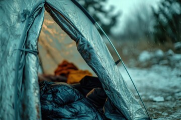 A person is lying inside a tent surrounded by snow, with potential for outdoor adventure or winter activities