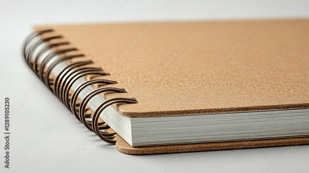 Poster a light brown spiral-bound notebook with sharp corners resting on a white background