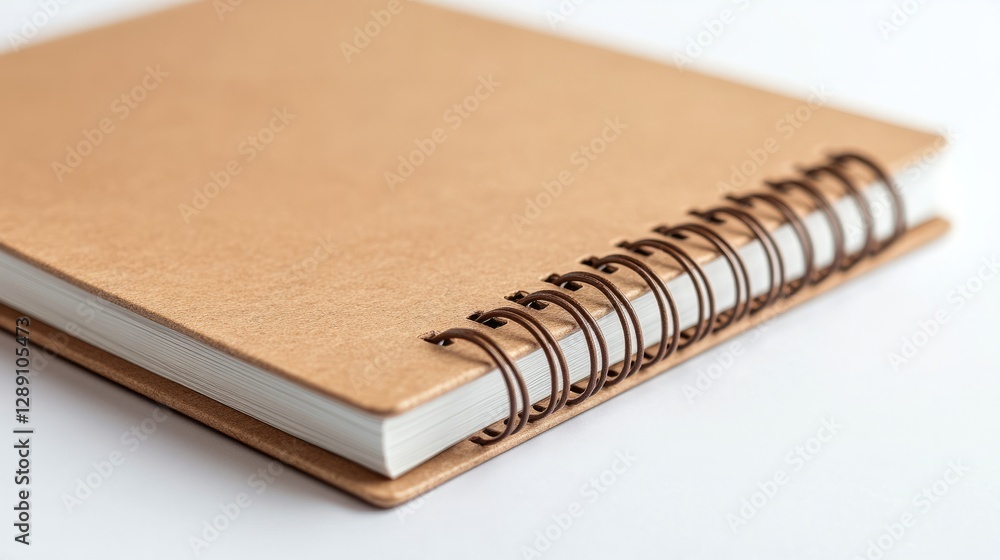 Poster a light brown spiral-bound notebook with sharp corners resting on a white background