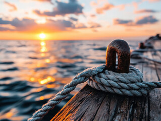A close-up of a rusty anchor, with a tight rope coiled on weathered wood, presenting themes of journey, stability, and reflection over tranquil water at sunset.