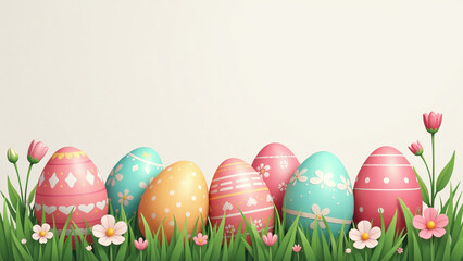 Fototapeta premium realistic painted eggs happy easter scene grass flowers rabbit details vector