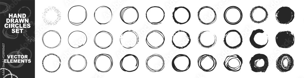 Poster circle line sketch icon set in hand drawn style isolated on transparent. ink hand drawn paint brush 