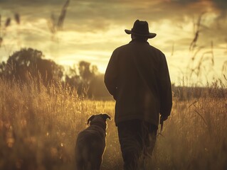 An old farmer, wearing a hat, is walking down a path through a meadow with his dog.