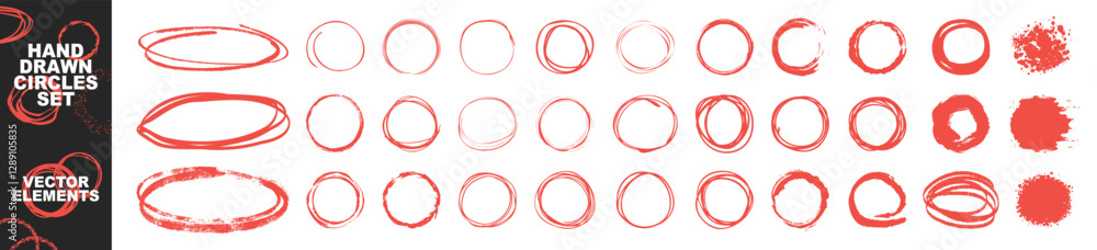 Poster Hand drawn red ovals and circles set. Round freehand shapes and highlights isolated on transparent. Vector circular scribble doodle round circles for message note mark design element