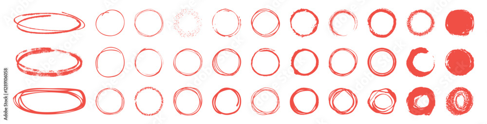 Poster Hand drawn red ovals and circles set. Round freehand shapes and highlights isolated on transparent. Vector circular scribble doodle round circles for message note mark design element