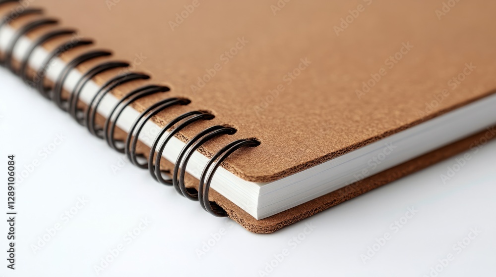 Poster a light brown spiral-bound notebook with sharp corners resting on a white background