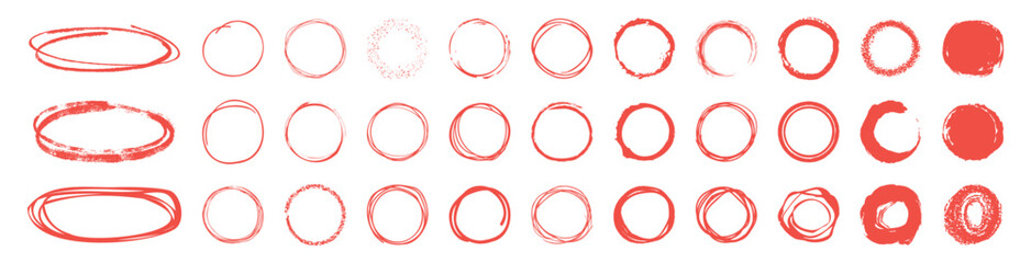 Hand drawn red ovals and circles set. Round freehand shapes and highlights isolated on transparent. Vector circular scribble doodle round circles for message note mark design element