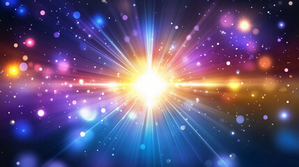 Fototapeta premium A vibrant cosmic explosion of light and color, featuring rays of brilliance against a backdrop of stars and swirling particles.