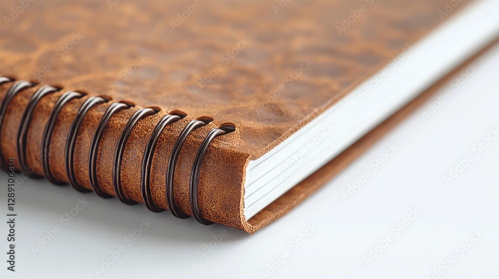 Poster a light brown spiral-bound notebook with sharp corners resting on a white background