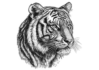 Hand-drawn tiger in vintage style, wildlife illustration, black sketch effect, trendy wall decor, nature-inspired art, animal art, old engraving style, wildlife decor, artistic tiger sketch.