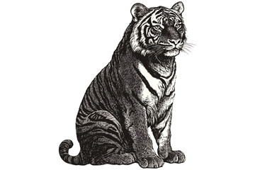 Old engraving style, black sketch effect, vintage wildlife illustration, hand-drawn tiger, trendy animal art, wall decor, nature decor, wildlife art, nature design, tiger wall art.