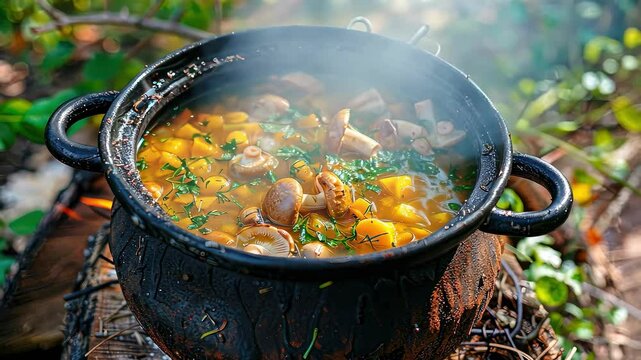 mushroom soup is cooked against the background of nature
