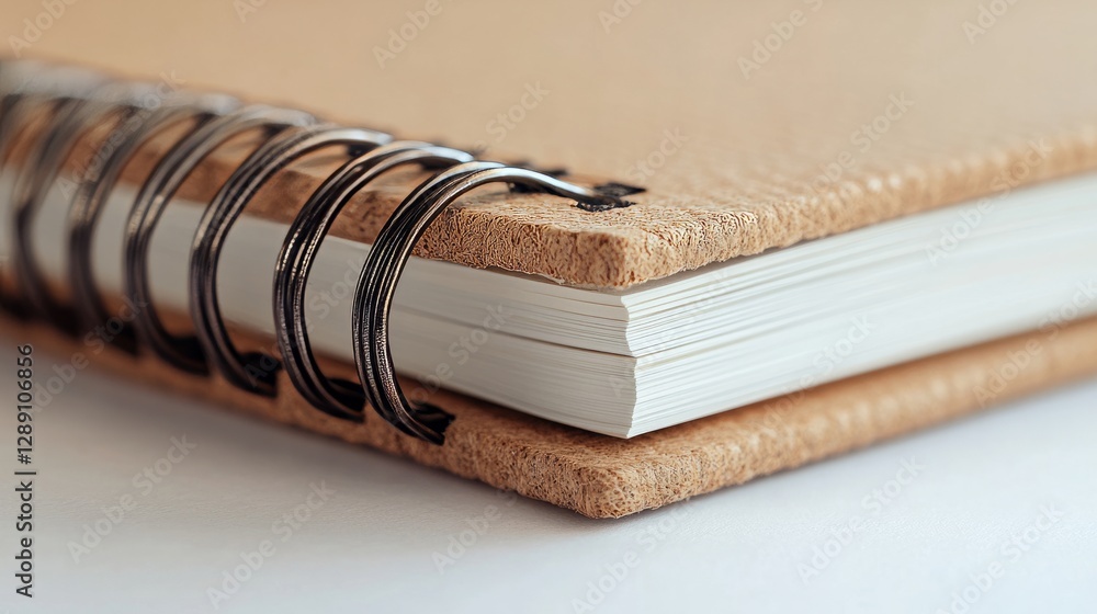 Poster a light brown spiral-bound notebook with sharp corners resting on a white background