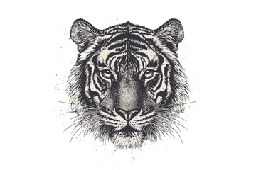 Vintage tiger illustration, antique style vector art, black sketch effect, wildlife predator design, old engraving style print, trendy fierce animal art, wildlife sketch design.