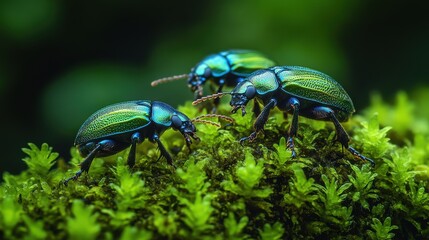 Fototapeta premium Three iridescent beetles on vibrant green moss. A close-up showcasing their intricate details and the lush natural setting.