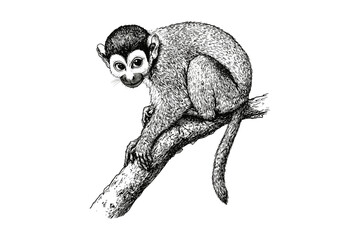 Hand-drawn squirrel monkey in vintage art, old engraving style wildlife illustration, black sketch effect, trendy wall decor, animal art, nature-inspired home decor. © Vintage Studio
