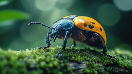 Fototapeta premium Close-up of a vibrant beetle on lush green moss. Nature's intricate detail showcased in stunning clarity.