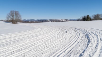 Winter cross-country ski trails across snowy field, hills background, outdoor sport