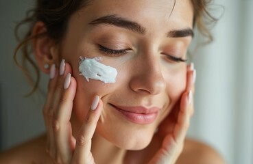 Close-up of smiling young woman applying face cream on cheek. Female does beauty treatment, skincare routine with moisturizer. Lady uses natural cosmetic product. Home spa, wellness concept.