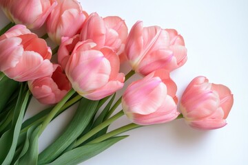 Fototapeta premium A bouquet of fresh pink tulips placed on a clean white surface