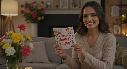Smiling woman holding Women's Day card in cozy living room