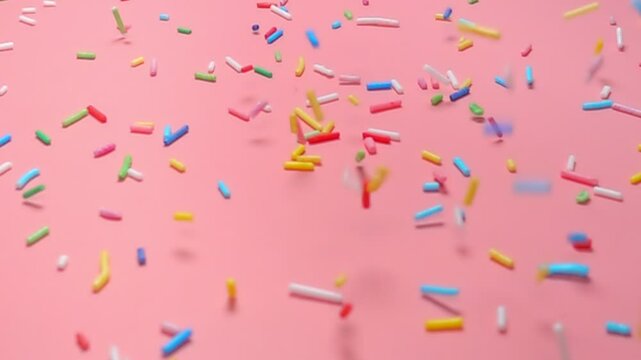 Vibrant colorful sprinkles cascade gracefully onto soft pink background, creating festive and playful atmosphere perfect for celebrations, super slow motion