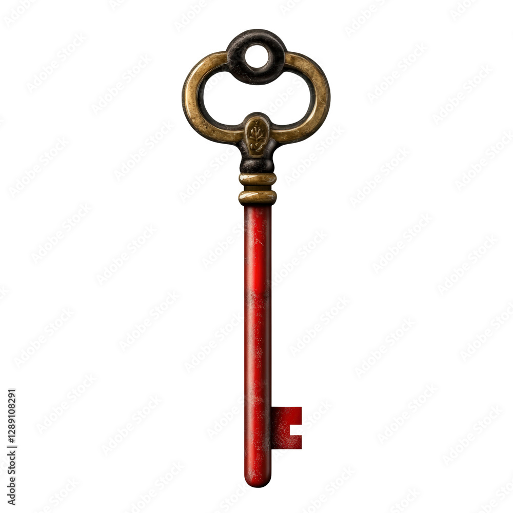 Poster red and gold decorative key on a black background with intricate design details and unique shape iso
