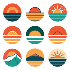 Set of Nine Retro Sunset and Sunrise Over Water Icons