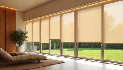 Modern interior with large roller blinds, automatic solar shades, wood decor panels. Window with curtain, shutter protects from sunlight. Comfortable furniture indoor, bright living room with