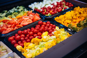 View of a lunch service station with different kinds of vegetables in trays.