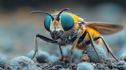 Macro shot of a vibrant insect with striking teal eyes and yellow body, perched on dark-colored ground.