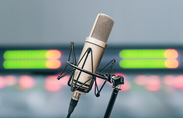 Professional microphone and sound mixer in radio station studio